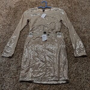 Windsor Silver Sequin Two Piece Set Crop Top Mini Skirt Nude Silver M L NEW